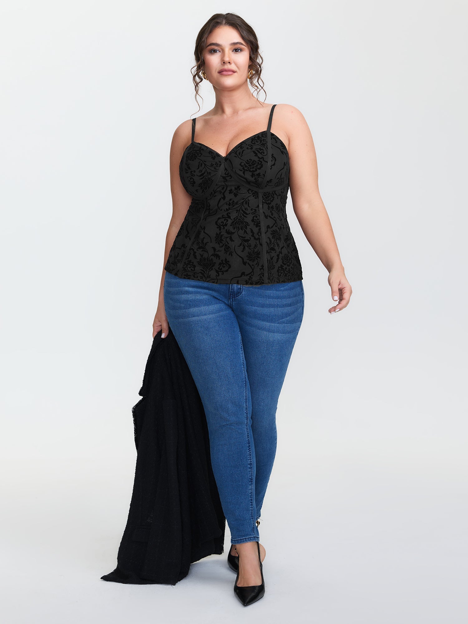 Flocked Floral Stretchy Mesh Lace Tank Top