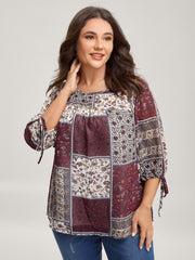 Boho Collage Print Sleeve-Tie Blouse