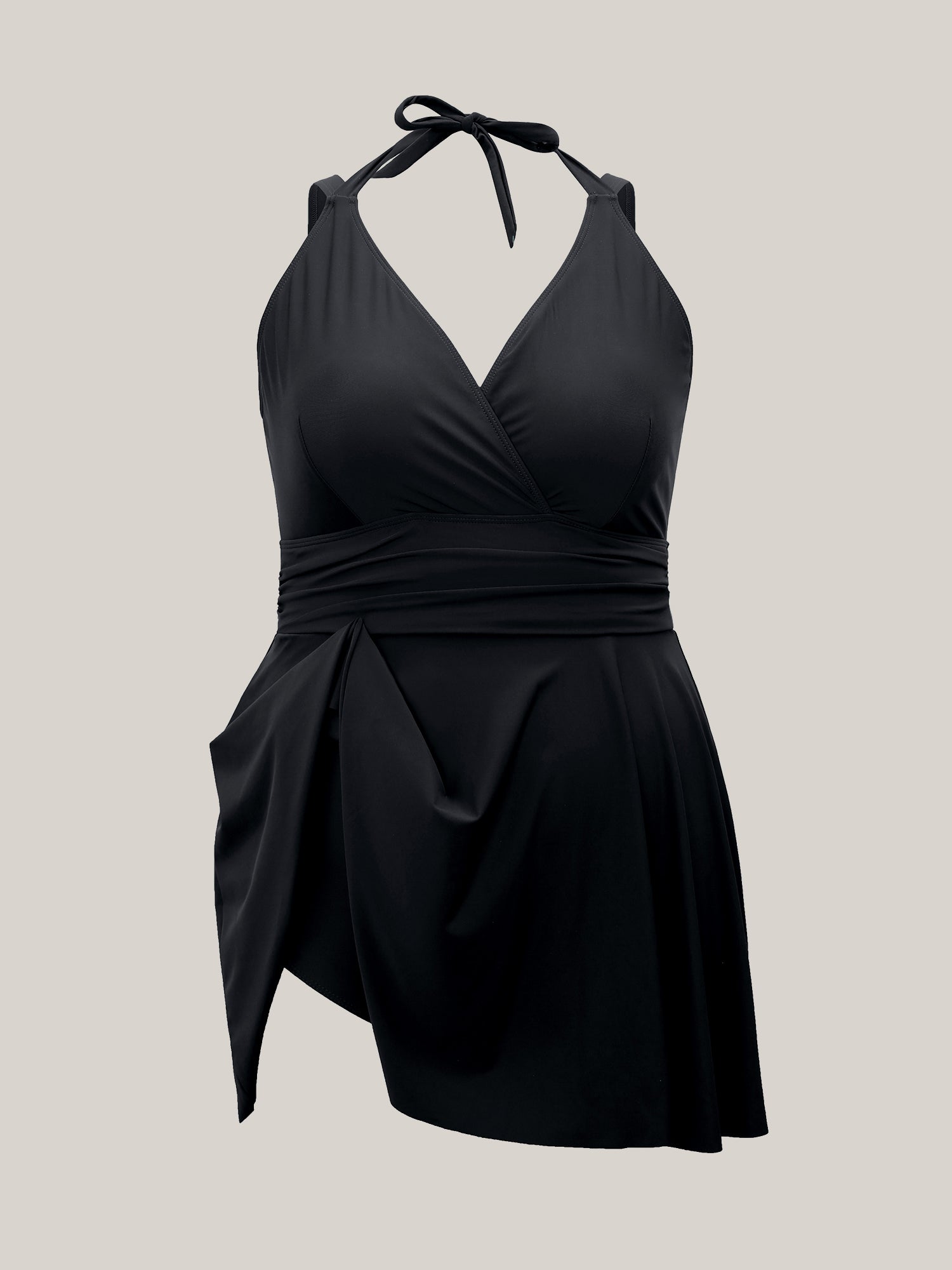 Solid Ruffle Hem Empire Waist Halter Neck Swim Dress