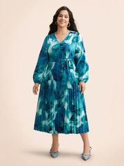 Watercolor Floral Pleated Belted Dress