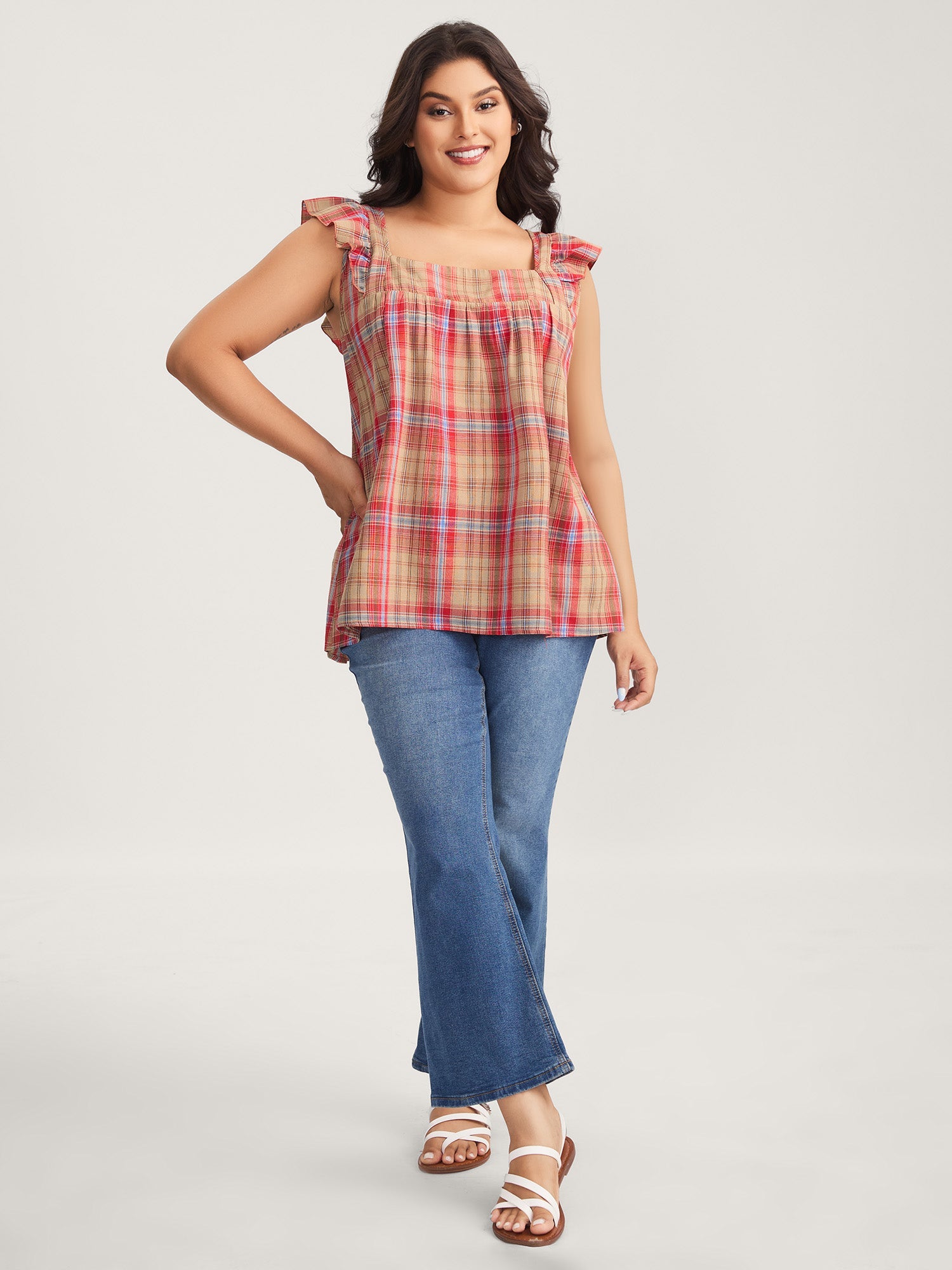 Plaid Print Flutter Sleeve Pleated Blouse